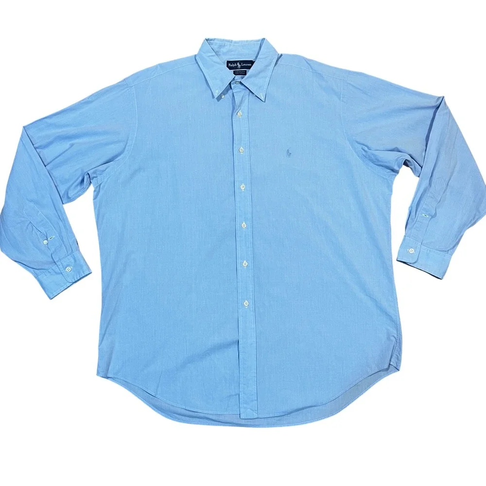 Ralph Lauren Yarmouth Mens 17-35 Light Blue Cotton Button Down Shirt Long Sleeve